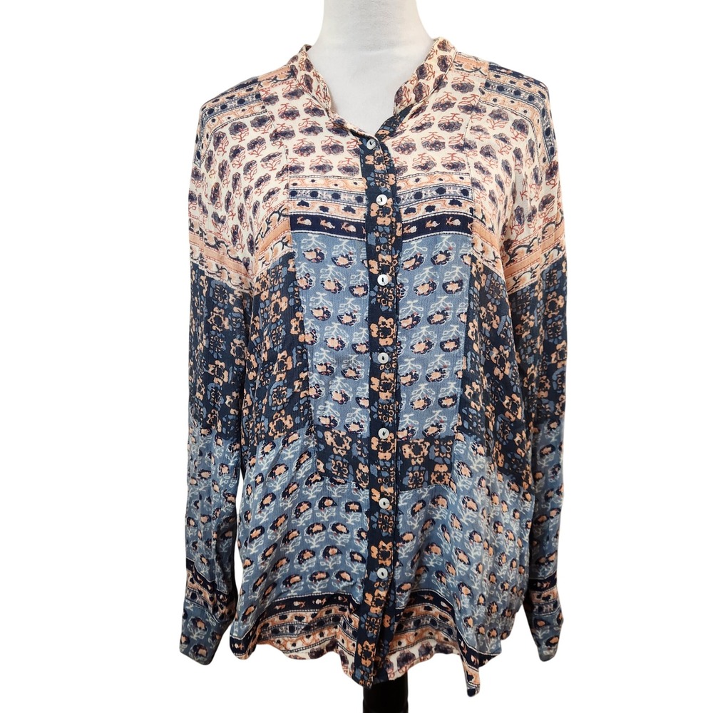 Free People Boho Patchwork Print Button Down Blou… - image 1
